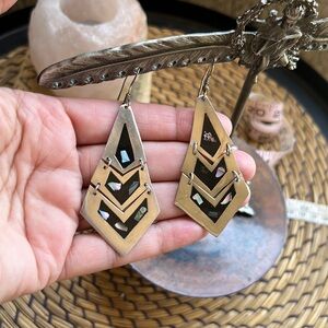 Alpaca Mexico Dangle Earrings W/ Mother Of Pearl Flakes 3 1/8” L by 1 1/8” W